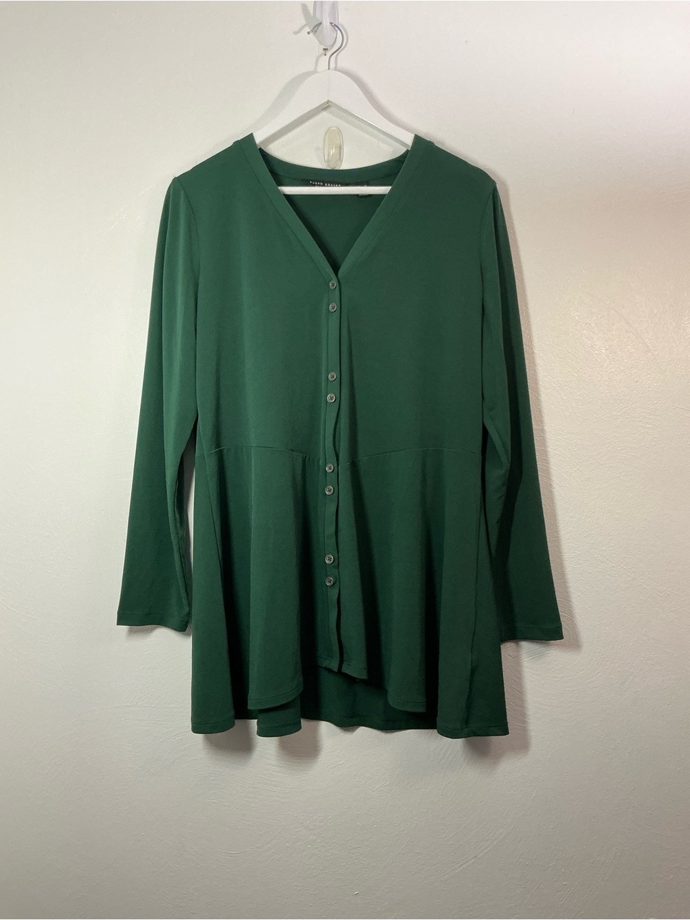Susan Graver Emerald Green Button-Front V-Neck Long Sleeve Top Size Medium